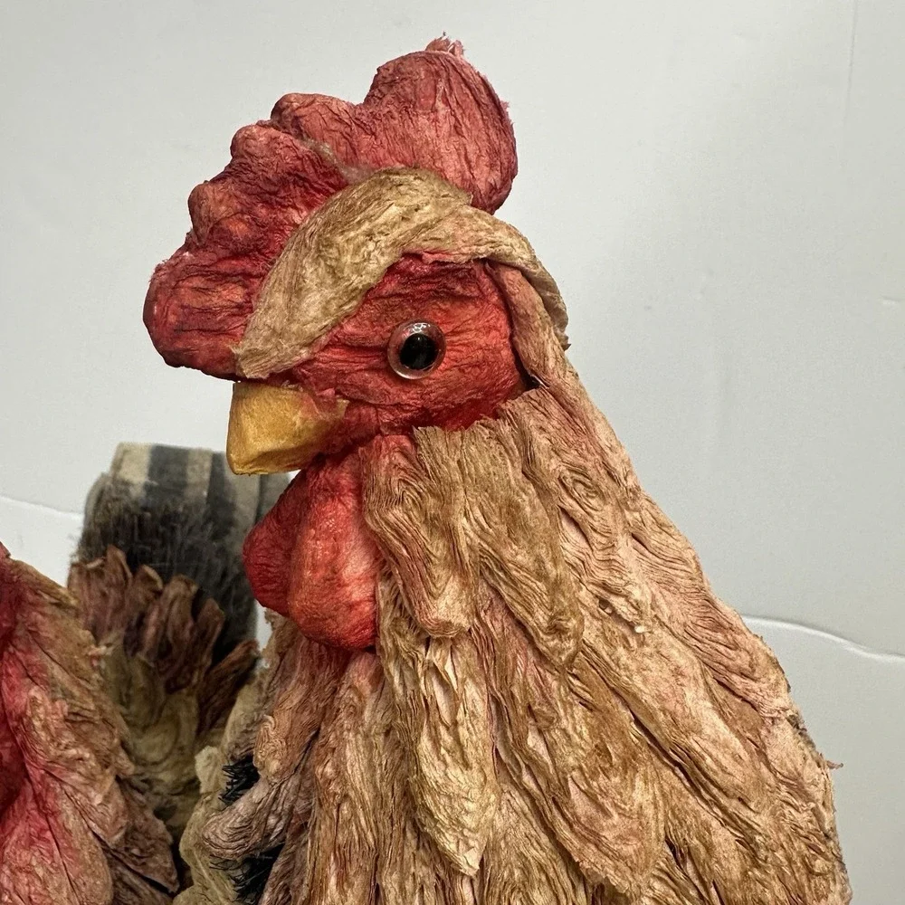 Set / 2 Vintage Paper Mache Rooster Chicken Hen Multi-colored Raffia Lightweight